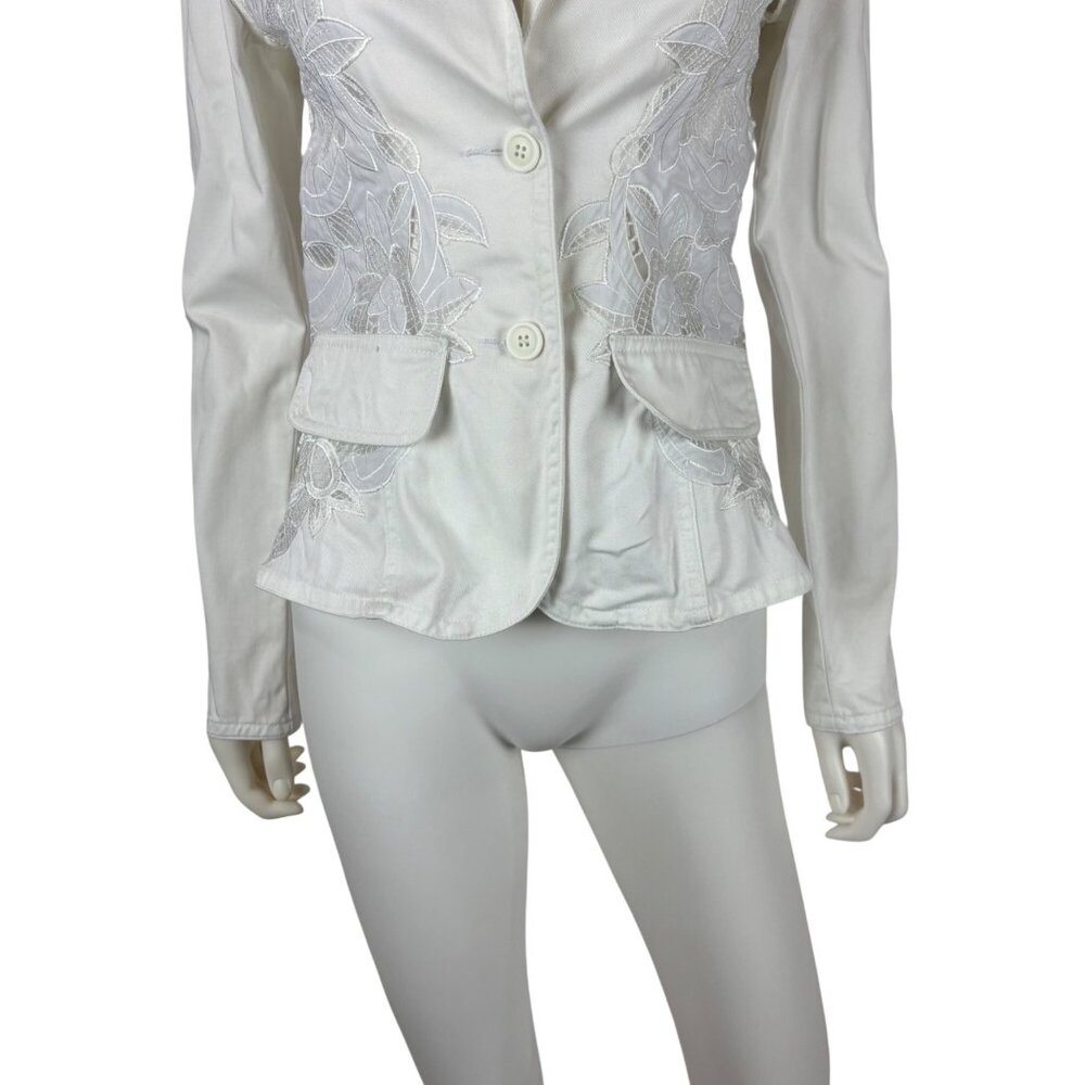 Together White Denim Jacket Small 6 Floral Inset Lace Cotton Spring Blazer - Picture 5 of 11
